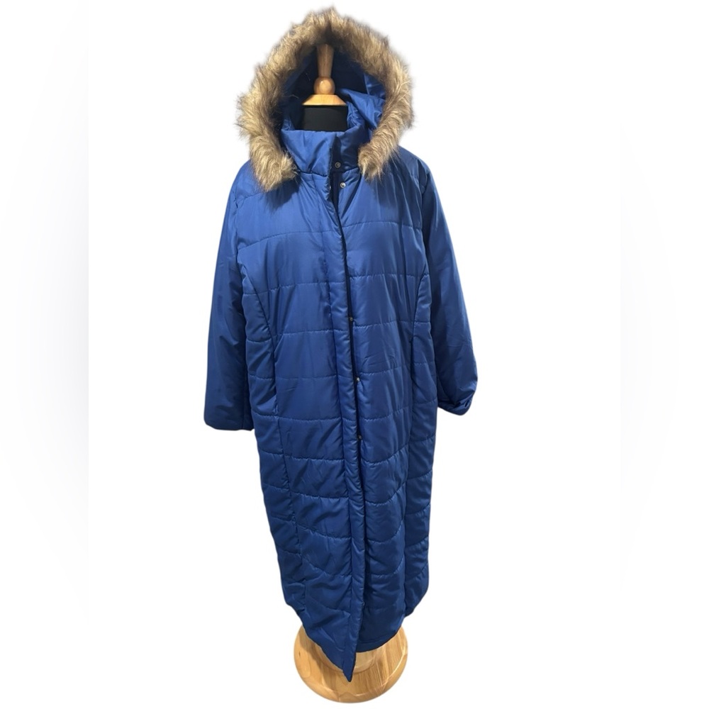 Roaman's Plus Size Blue Knee Length Puffer Coat w/Faux Fur Hood-size 1X - Picture 3 of 11